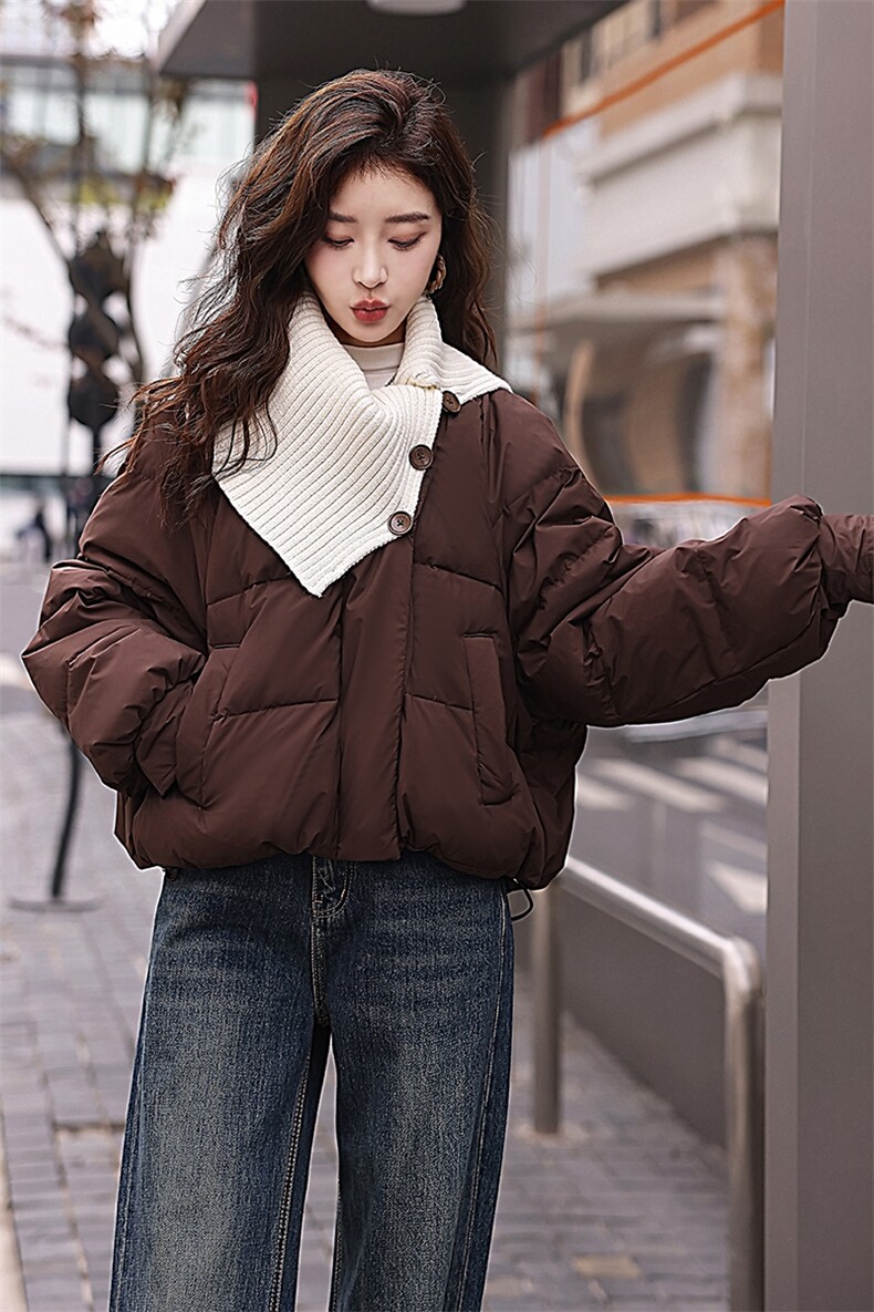 针织拼接咖色短款羽绒服女2024冬季新款韩系宽松设计感加厚面包服,女装羽绒服,曼娅璐