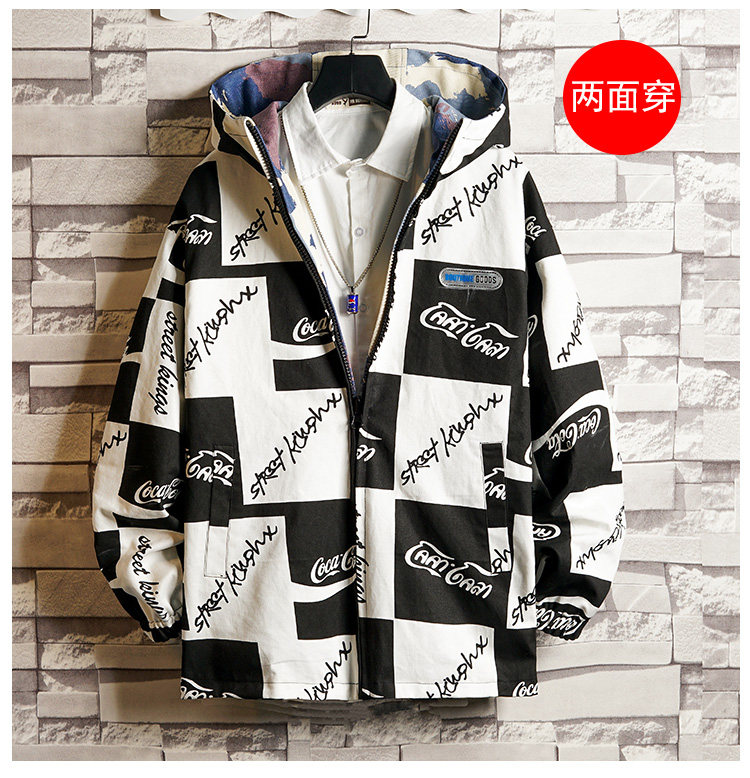黑白格子印花两面穿夹克男秋季时尚连帽外套A090-JK69 p115 限138图片