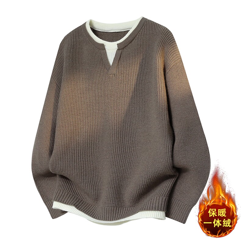 复古拼接假两件毛衣男加绒加厚保暖宽松针织衫B6012JR-特价P60,男装针织衫/毛衣,电商A007
