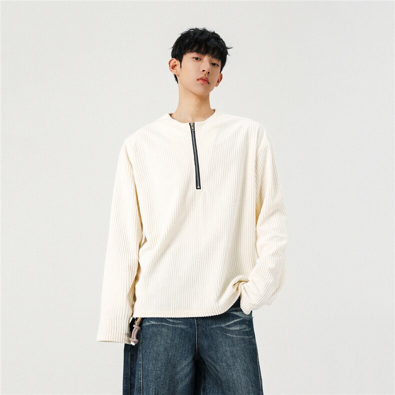 欧洲坑条肌理感半拉链卫衣2026新款春装长袖T恤男潮流外套P38，男装T恤，电商C306-1