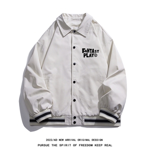 白底INS春季时尚潮流字母印花翻领棒球服百搭夹克外套G725P65控88图片