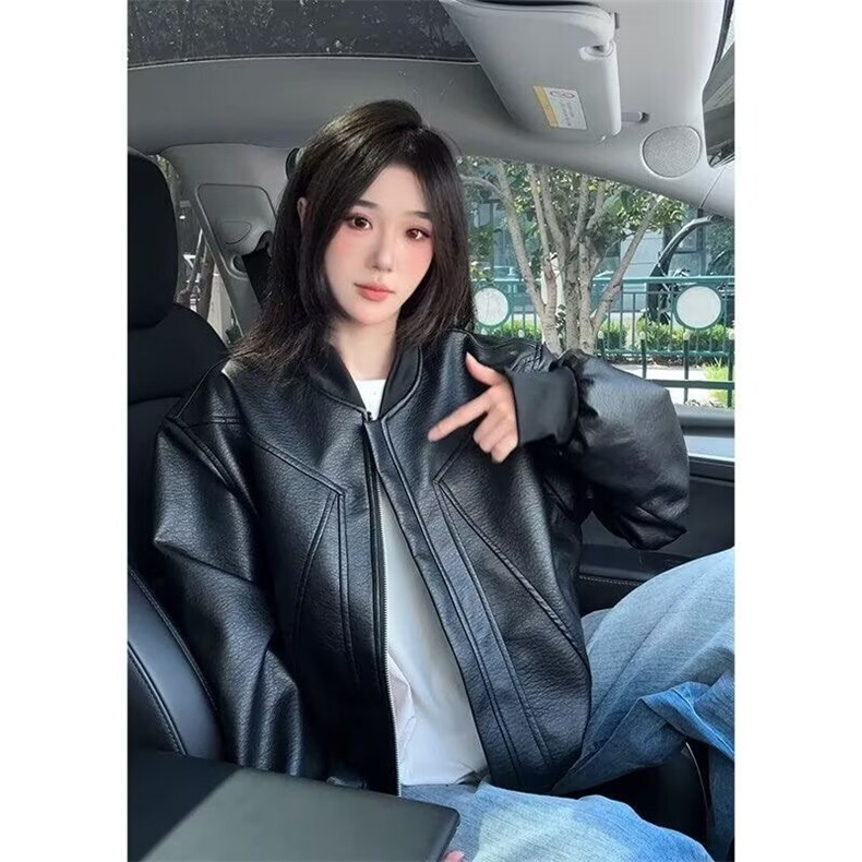 黑色翻领皮衣外套女2025秋季新款宽松机车服拉链短款夹克上衣女,男装夹克,星座506A