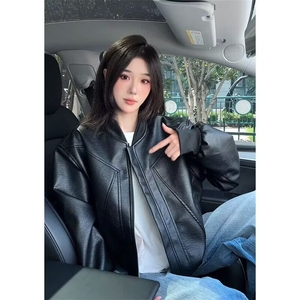 黑色翻领皮衣外套女2025秋季新款宽松机车服拉链短款夹克上衣女图片
