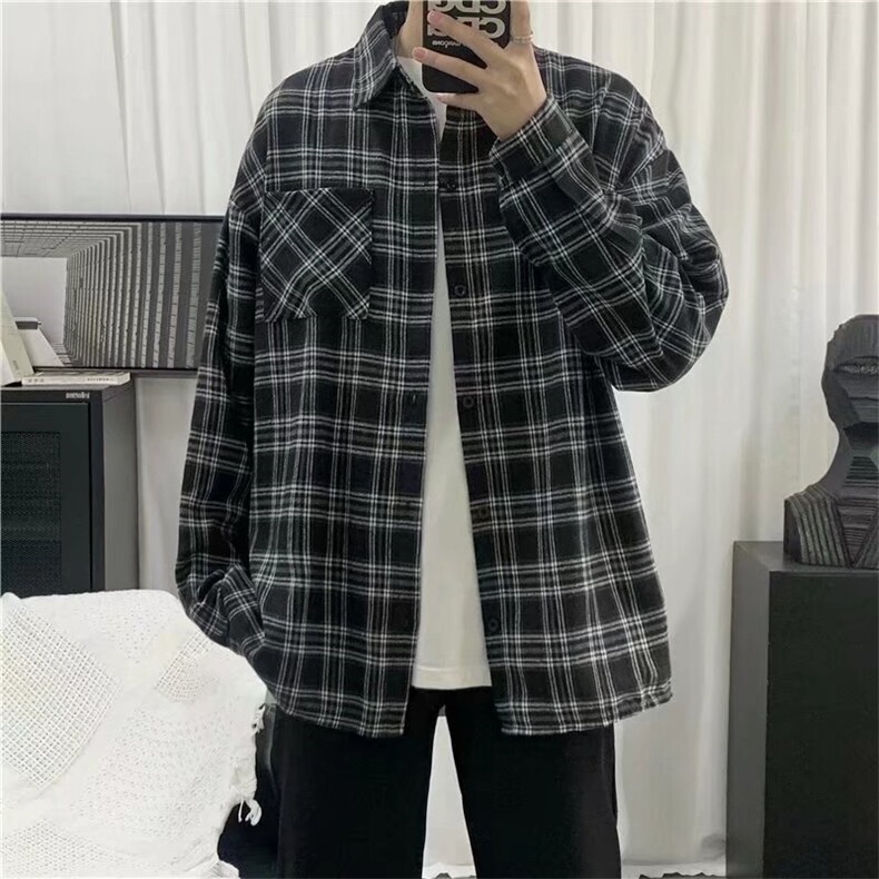 春季新款格子衬衫男士港风日系复古宽松韩版潮流长袖衬衣外套图片
