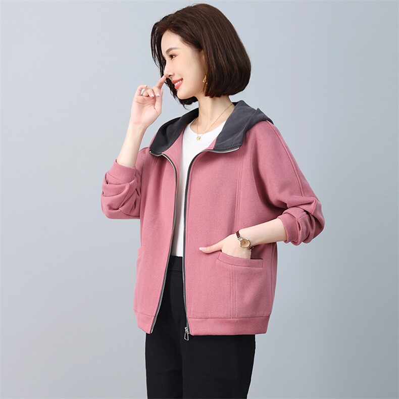 （新款长期有货）中年2024春秋妈妈秋装洋气连帽休闲卫衣女外套,女装短外套,忆绮罗