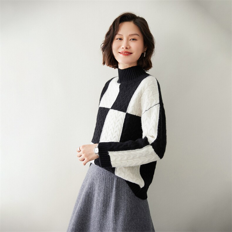 时尚方格嵌花半高领女士羊绒衫优雅显瘦保暖毛衣,女装羊绒衫,迎冬羊绒