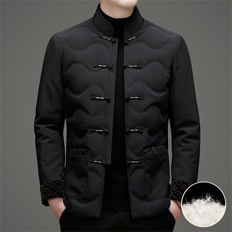 新款中老年羽绒服唐装外套男装复古盘扣风羽绒服外套中式唐装，男装羽绒服，钱塘723