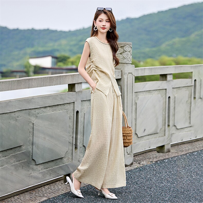名媛女装高端无袖套装2025夏季新款时尚休闲简约流行亚麻两件套裤,女装套装/套裙,尚娜萱
