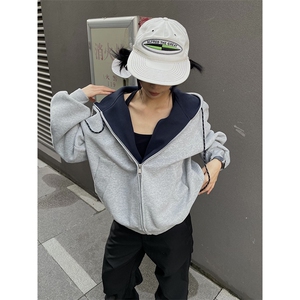 抖音得物二开美式高街重磅结构双层撞色连帽卫衣开衫外套W116图片