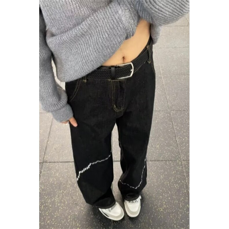 黑刺绣解构牛仔裤男潮牌复古廓形休闲宽松阔腿长裤 N8806图片