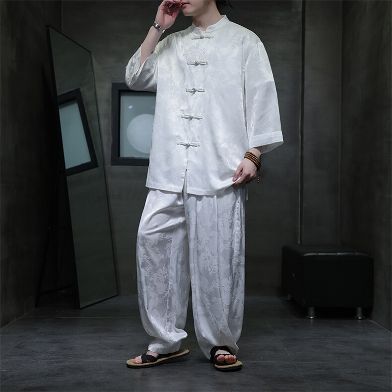 2025夏季新款风复古七分袖立领衬衫休闲长裤套装TZ100-P110，男装休闲套装，电商A008