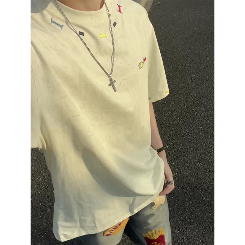 美式重磅做旧绣花短袖t恤圆领宽松半袖情侣上衣T3684-特价P35,男装T恤,电商A007