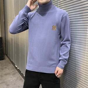 秋冬可翻高领毛衣男NY纯色长袖男刺绣毛衫打底针织衫蓝M251P33图片