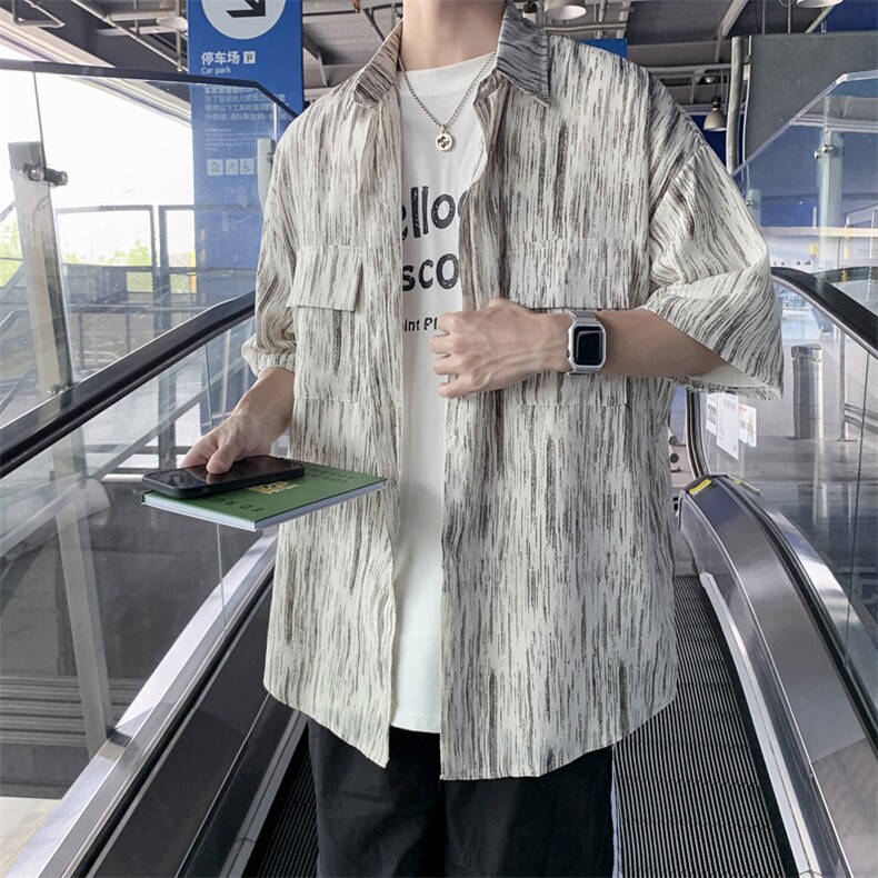 个性条纹短袖衬衫男夏季2021ins潮牌五分袖休闲衬衣外套W944-P30,男装衬衫,星座512-2