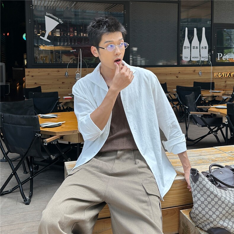 高品质白色V领设计感衬衫男长袖春秋衬衣男士A236-C601-P70,男装衬衫,电商A236