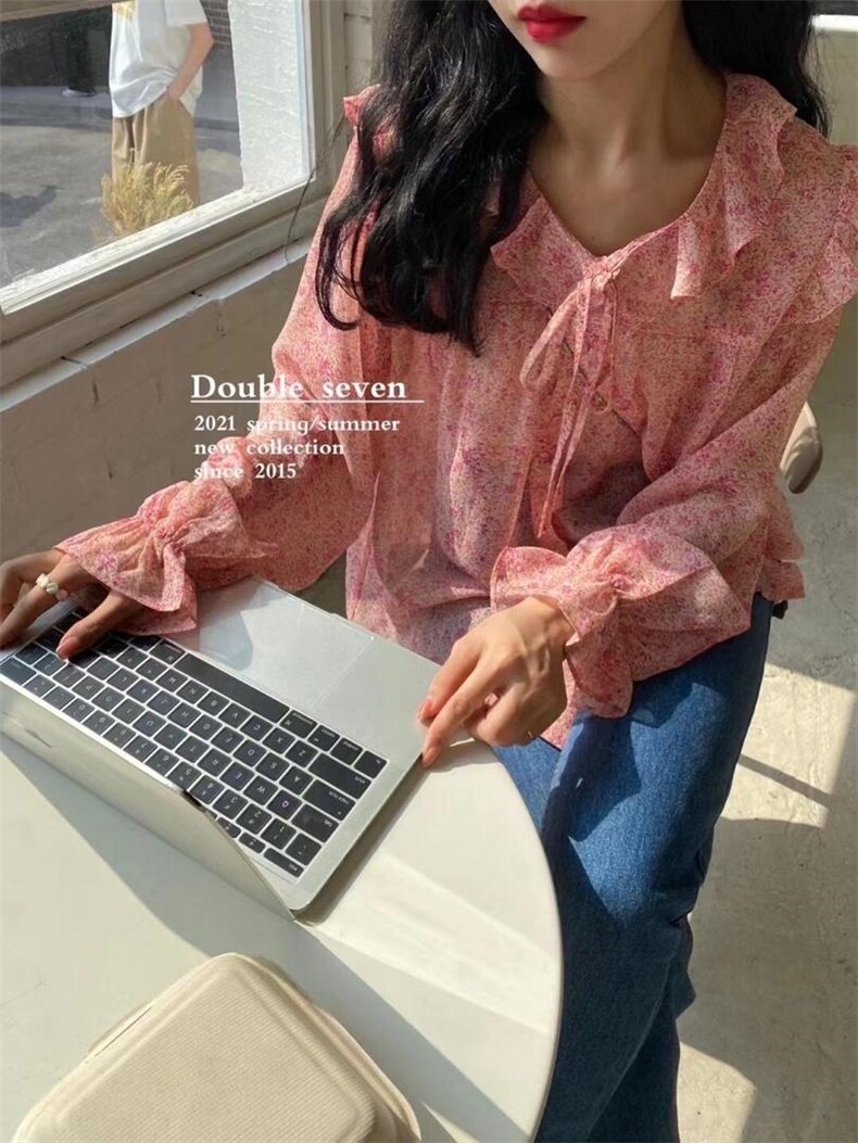夏季新款韩简ins碎花风雪纺衬衫，女装衬衫，Double Seven