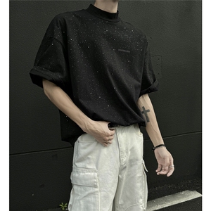 1港风满钻巴家罗口硅胶印logo大码M-5XL短袖T恤男DT77835P33控58图片