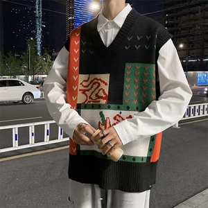 毛衣马甲男港风ins复古绣花V领针织衫春秋季韩版潮流BM21-P40图片