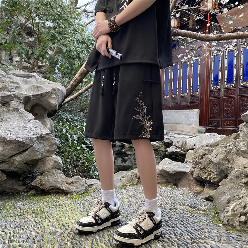 2024夏季新中式潮竹叶刺绣宽松休闲短裤B315-K24068-特p30控58,男装休闲裤,电商B315