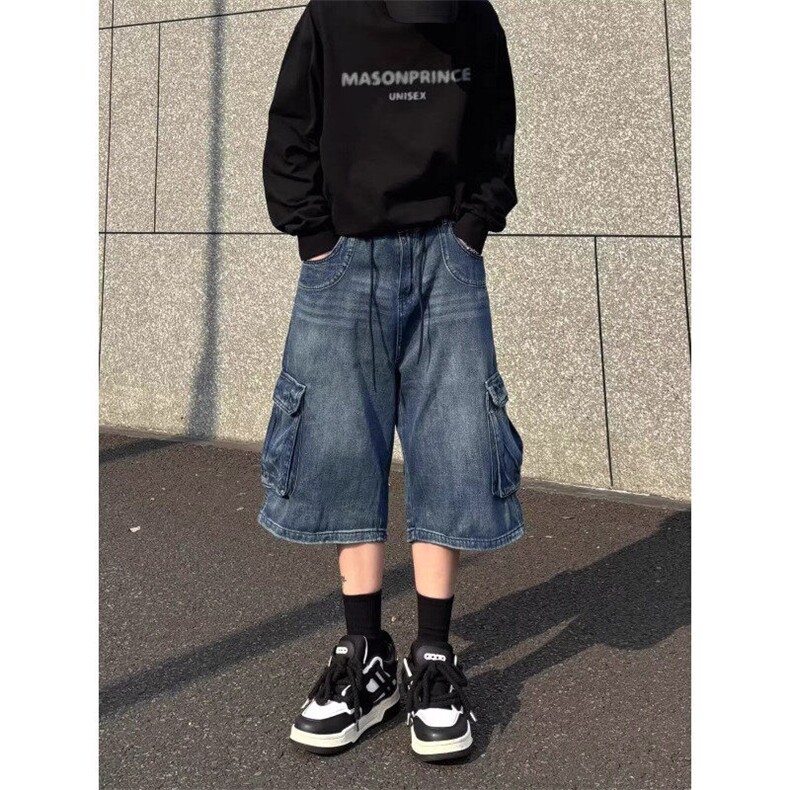 多口袋牛仔短裤男款夏季美式高街工装七分裤百搭宽松阔腿中裤子男,男装牛仔裤,星座218-1（原230）