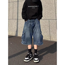 多口袋牛仔短裤男款夏季美式高街工装七分裤百搭宽松阔腿中裤子男，男装牛仔裤，星座218-1（原230）