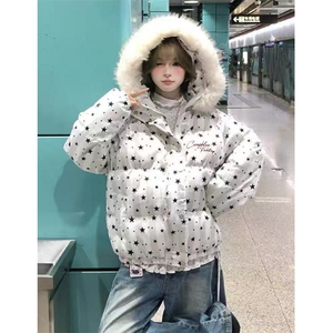 学院风美式毛领星星满印连帽面包服女座山雕棉服加厚棉袄 M7843图片
