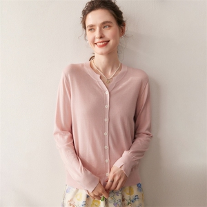 精纺100%精纺羊毛开衫女纯色圆领长袖毛衣2025新款针织外套图片