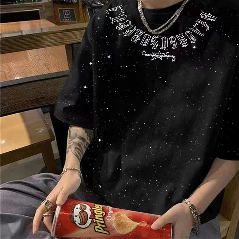 1506-1/T381/P33.9美式满天星重磅复古纯棉短袖T恤男仿刺绣夏百搭图片