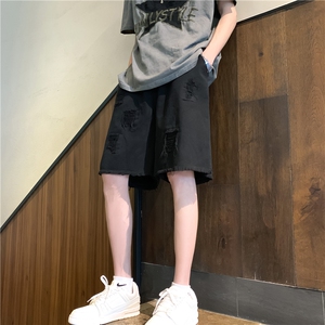 爆 长裤改短裤高街补丁毛边牛仔松紧腰五分裤 XZ603-K324-P50控68图片