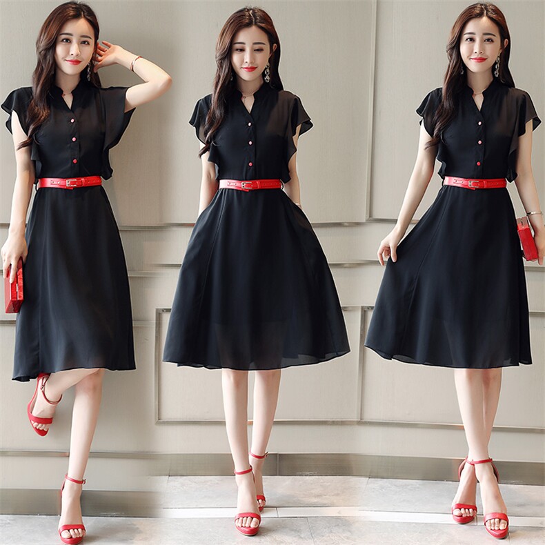 连衣裙通勤V领中腰套头2022年夏季短袖气质清新中长款搭配，女装连衣裙，火爆靓佳人