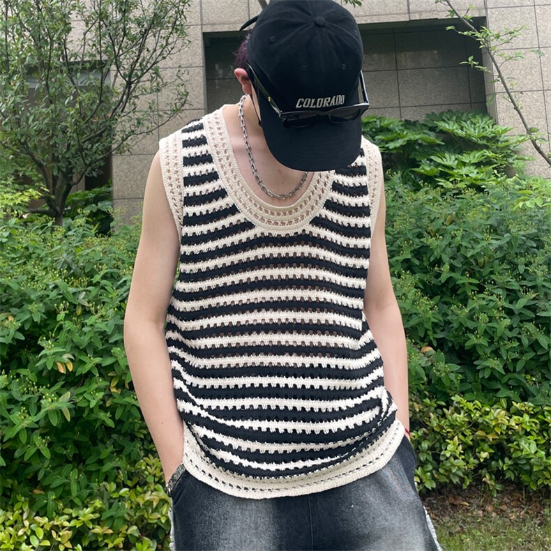 背心夏季新款情侣高颜值慵懒风黑白色条纹针织男女JA501-P35，男装背心/马甲，星座1109-3