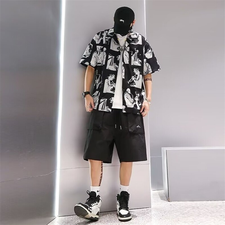 短袖花衬衫男士夏季薄款上衣中式花奔满印翻领寸衫印花,男装衬衫,星座1210-1