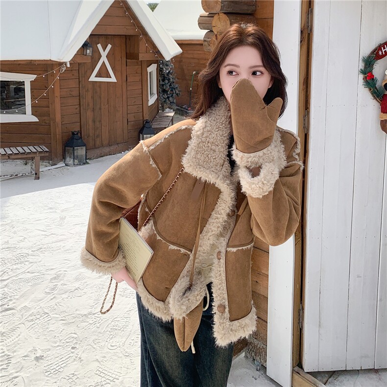 2025冬季新款皮毛一体配小手套休闲外套现货,女装羊羔毛/颗粒绒,乐吉娜