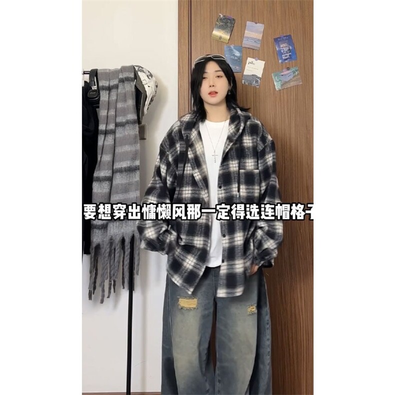 韩版设计感休闲连帽格子衬衫外套新款宽松中长款情侣衬衣CSXX28,男装衬衫,星座516A