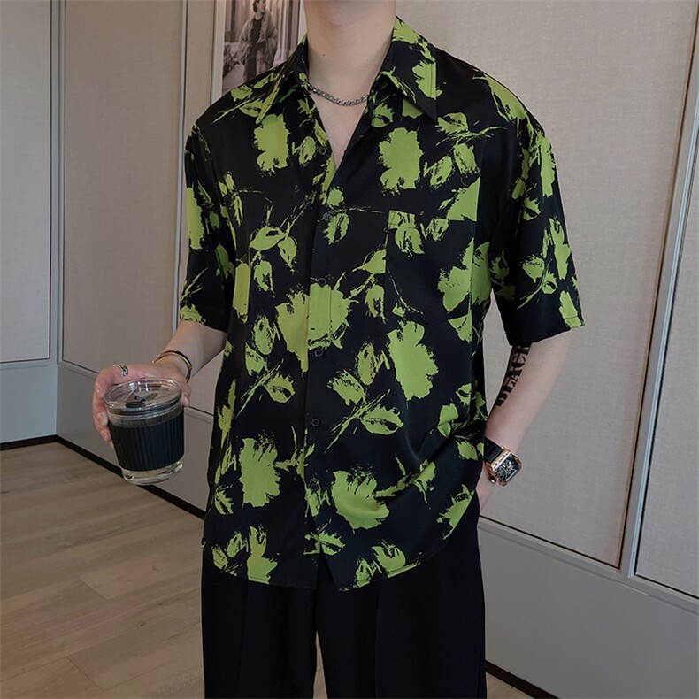 夏季韩版ins痞帅短袖印花衬衫男宽松垂感高级衬衣潮CS810-P55控75,男装T恤,电商B267
