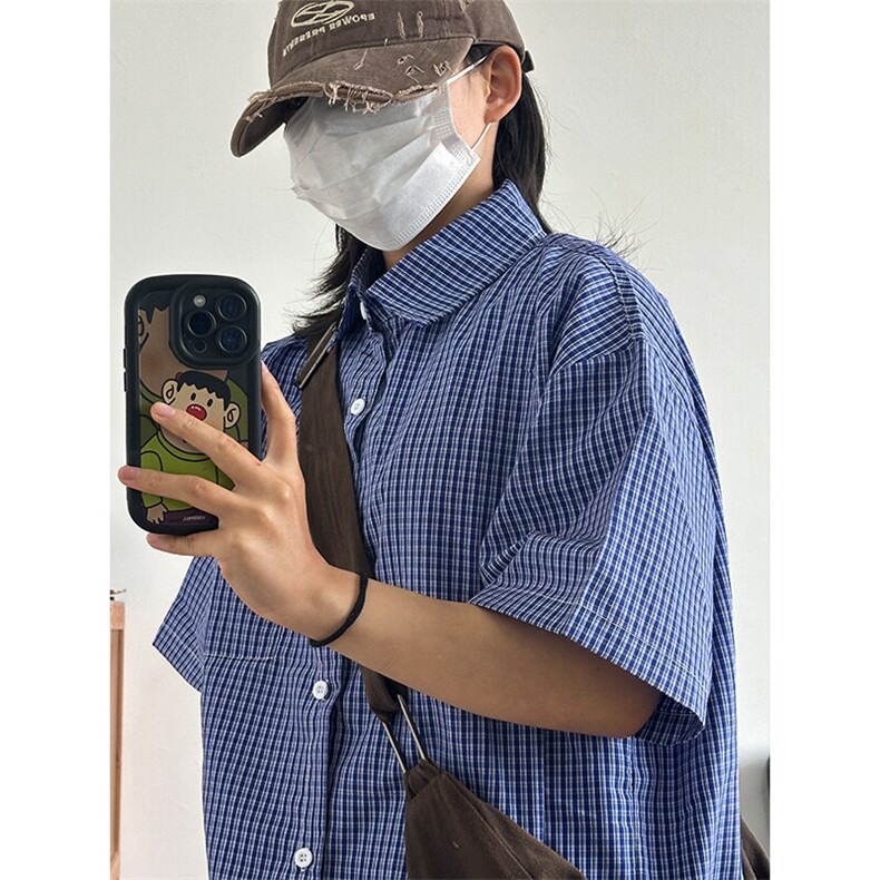 格子衬衫春夏美式短袖衬衫港风情侣装休闲衬衣CS286-P30,男装T恤,星座301C-5