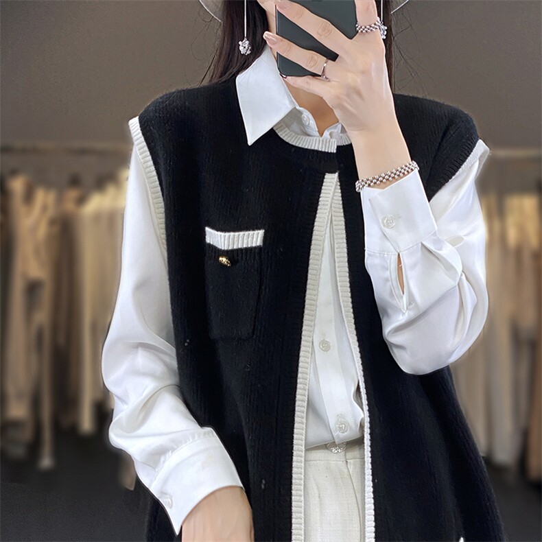 百搭小香风V领毛衣开衫马甲女春秋新款宽松显瘦无袖针织背心外套,女装马甲,宋氏羊绒