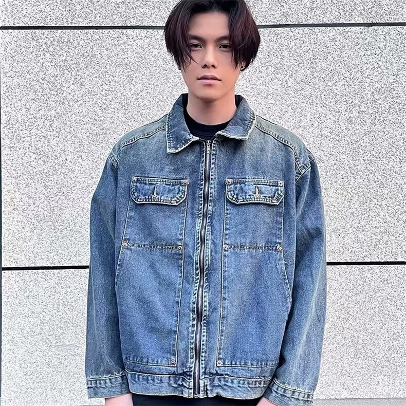 重工水洗牛仔外套男士美式复古春秋新款工装宽松大码轻奢潮牌夹克图片