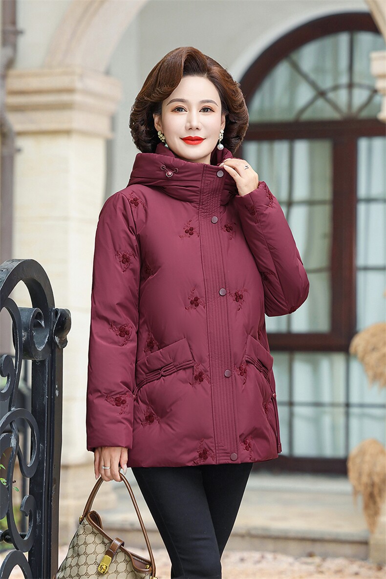 中年妈妈洋气羽绒服中年女新冬装白鸭绒棉袄中老年连帽外套时尚,男装羽绒服,电商B212（原钱塘6029）