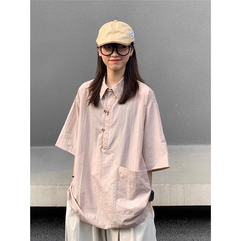 2025新款日系简约纯色纽扣衬衫薄男女夏季宽松短袖上衣垂感图片