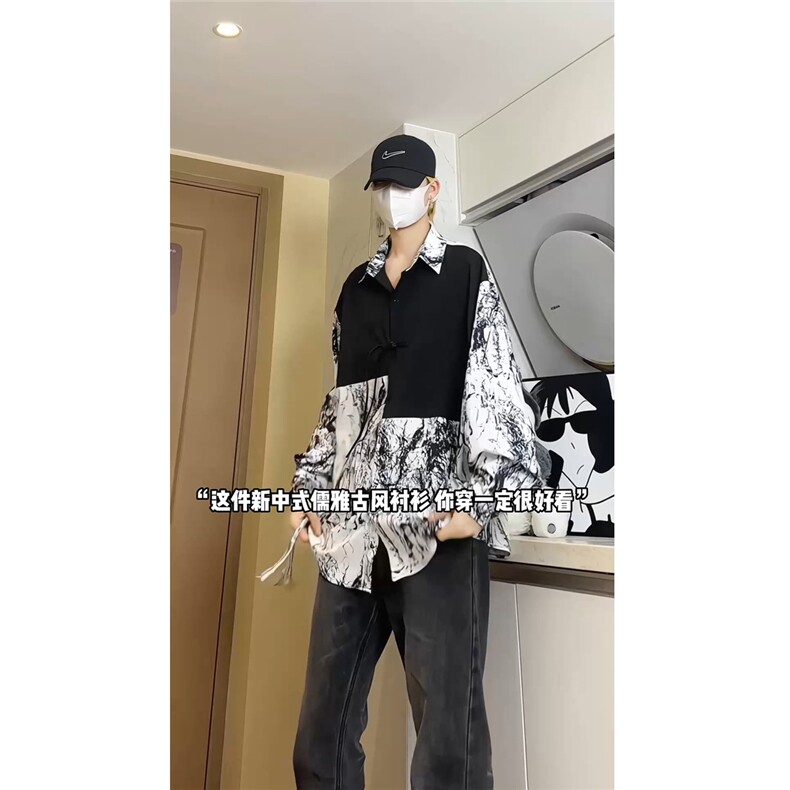 风新中式盘扣拼接长袖衬衫男秋季宽松碎花休闲衬衣CS610-特P38,男装衬衫,电商A006