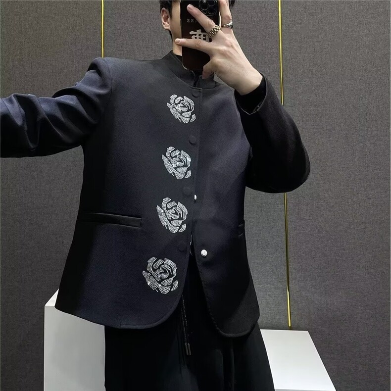 2026新中式立领黑色西装外套男高级感小众烫钻花朵重工垫肩西服,男装西服套装,星座506A