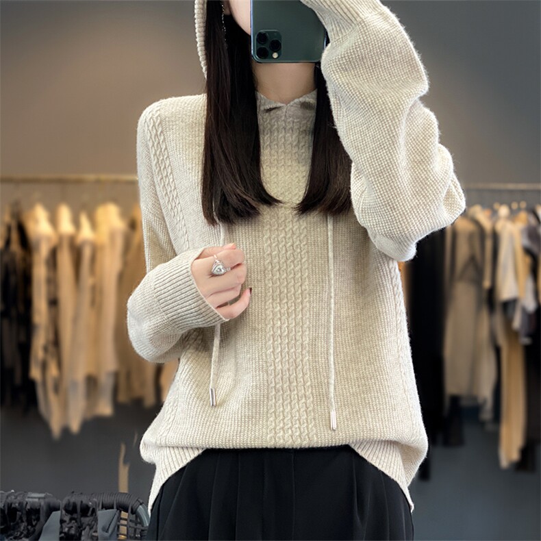 卫衣女2024新款爆款连帽针织衫女带帽毛衣上衣慵懒风宽松休闲外套,女装羊毛衫,莺澜羊绒