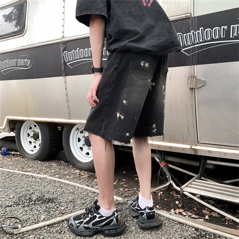 夏季新款破洞乞丐毛边泼墨直筒直筒牛仔五分短裤牛仔裤男高街美式图片