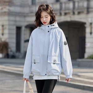 休闲连帽风衣外套女2025春秋新款韩版宽松显瘦气质百搭短夹克上衣图片