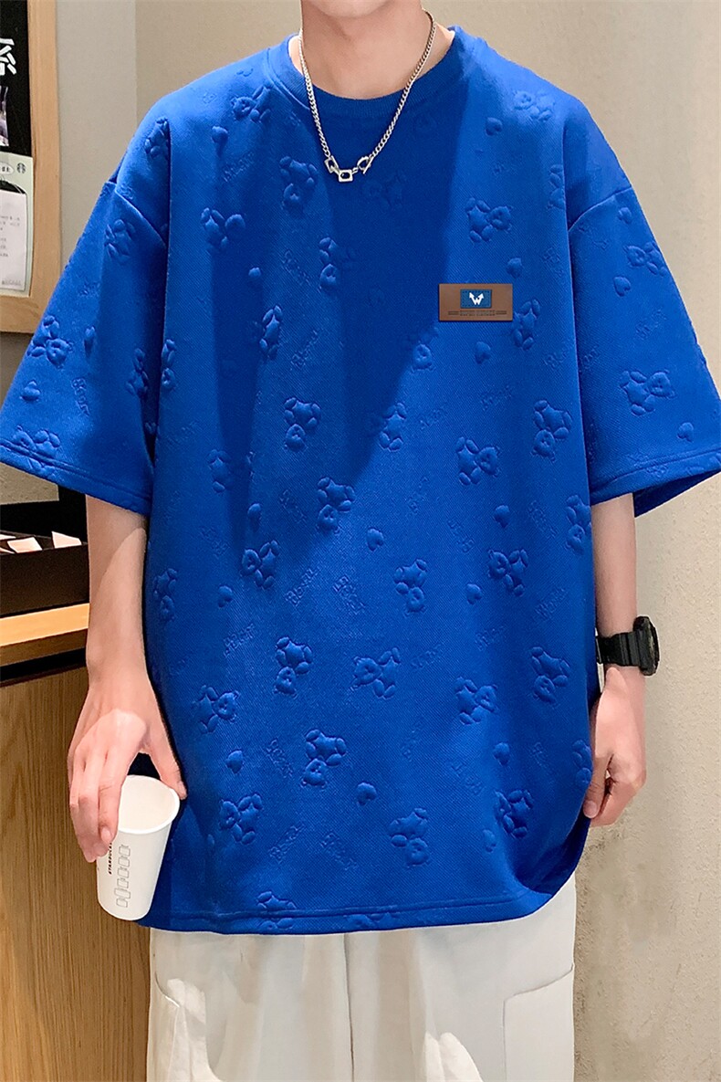 T903P35华夫格重磅350克小熊提花休闲高级感男士短袖T恤,男装T恤,电商A026-1