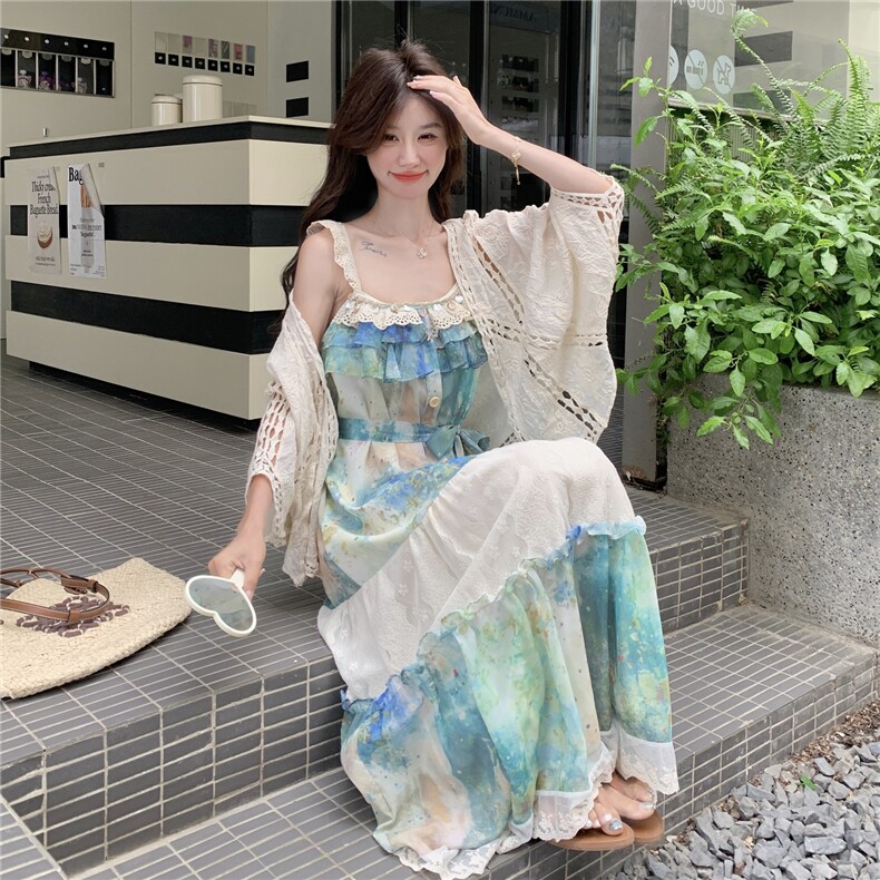 【夏日】度假风吊带碎花长款连衣裙+防晒开衫A236-P185-k275,女装套装/套裙,2D148