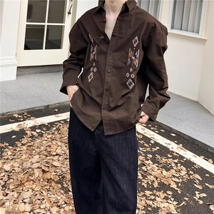 jiwuus 秋复古新中式民族风盘扣长袖衬衫男女生中性风刺绣上衣潮图片