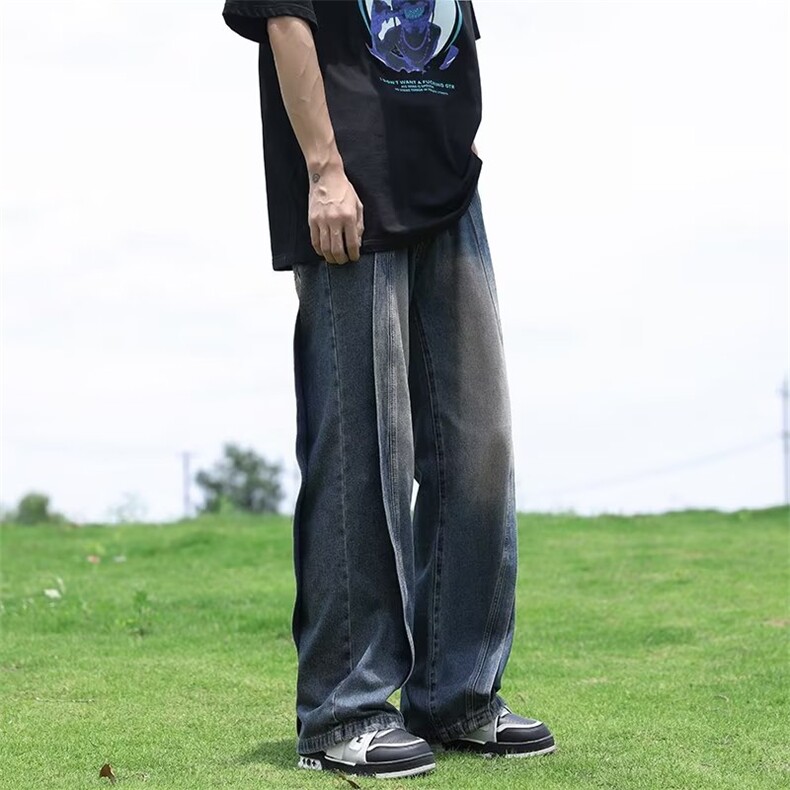 美式复古ins高级感拼接夏秋牛仔裤男宽松高街阔腿垂感直筒裤长裤,男装牛仔裤,星座716-2