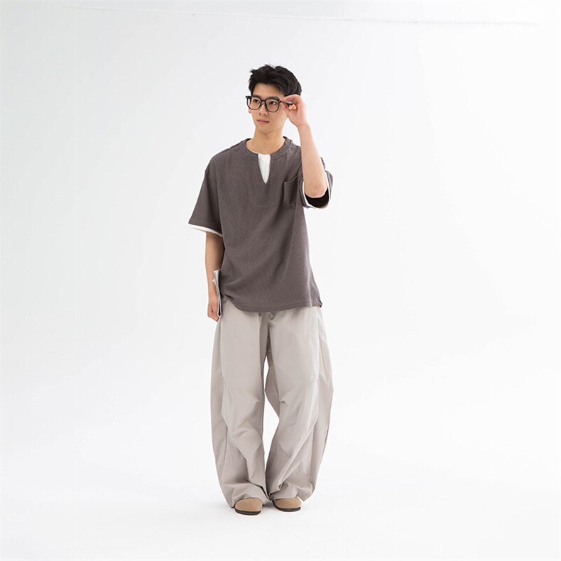 南夏乔装2025夏季新款日系复古华夫格假两件短袖潮流中性圆领T恤,男装T恤,电商S006（B521）